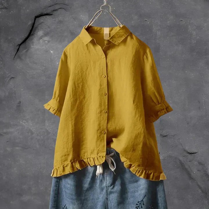 Women's Linen Button Down Shirt Ruffle Sleeves Relaxed Fit - Yellow