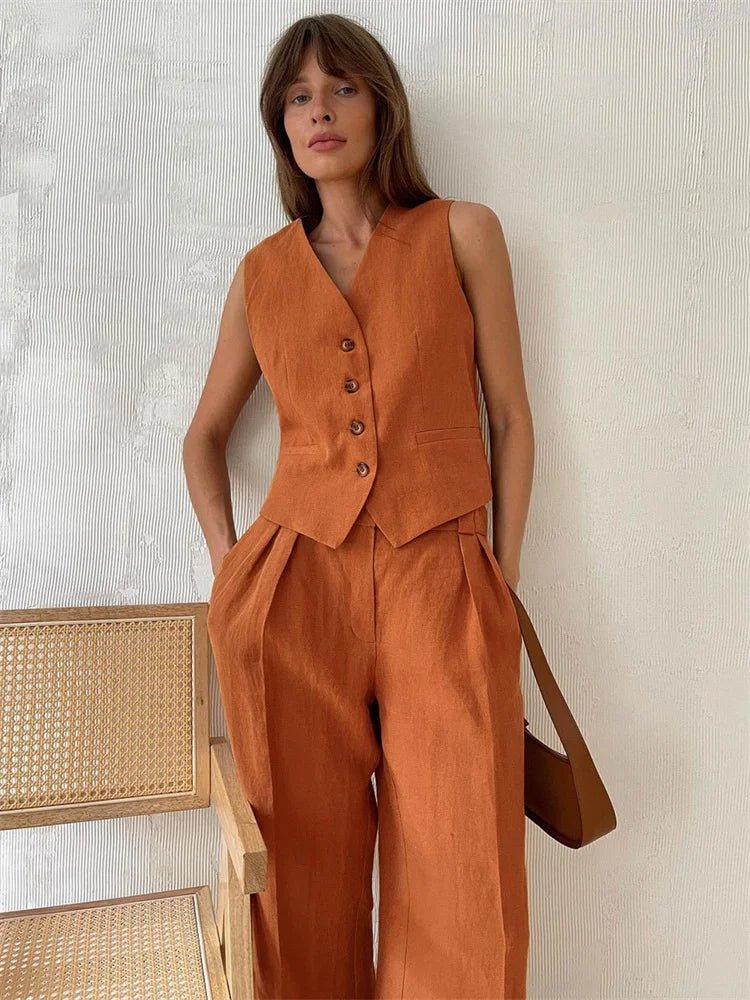 Women's Linen Button-Front Vest Wide-Leg Pants Set - Orange