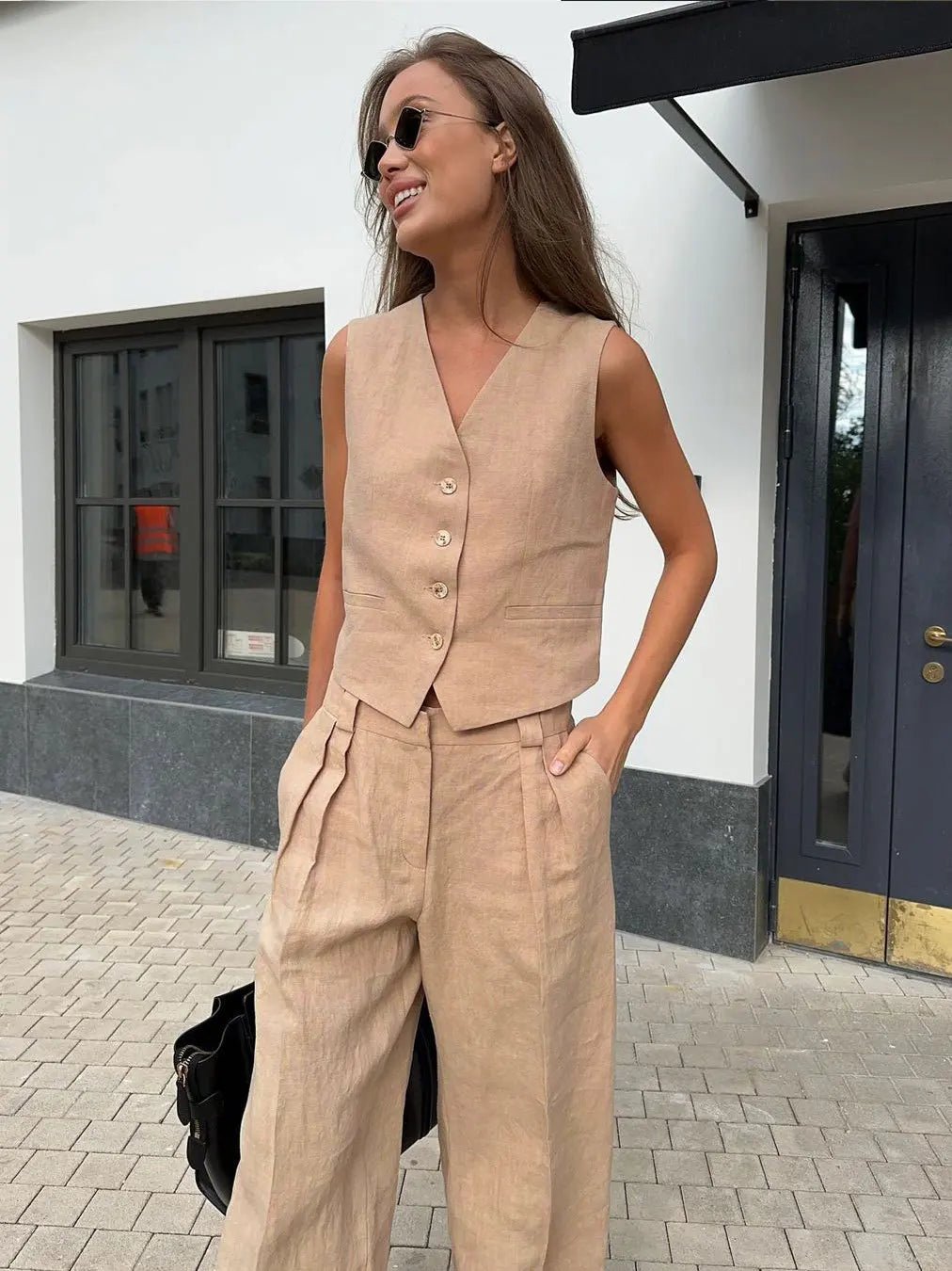 Women's Linen Button-Front Vest Wide-Leg Pants Set