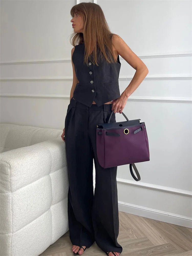 Women's Linen Button-Front Vest Wide-Leg Pants Set