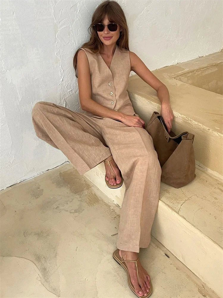 Women's Linen Button-Front Vest Wide-Leg Pants Set - Beige