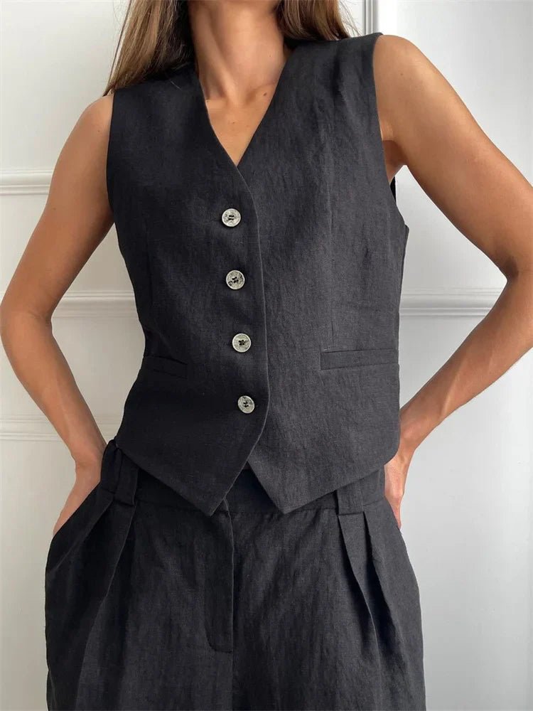 Women's Linen Button-Front Vest Wide-Leg Pants Set - Black