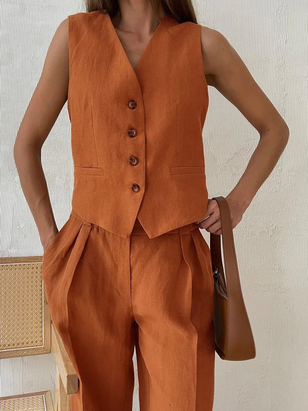 Women's Linen Button-Front Vest Wide-Leg Pants Set
