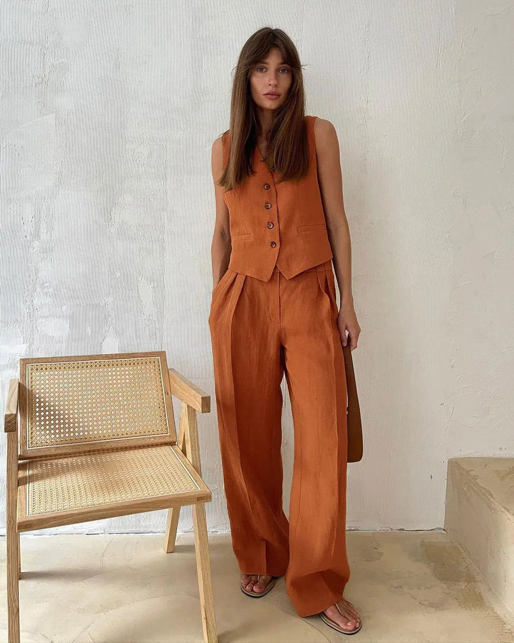 Women's Linen Button-Front Vest Wide-Leg Pants Set
