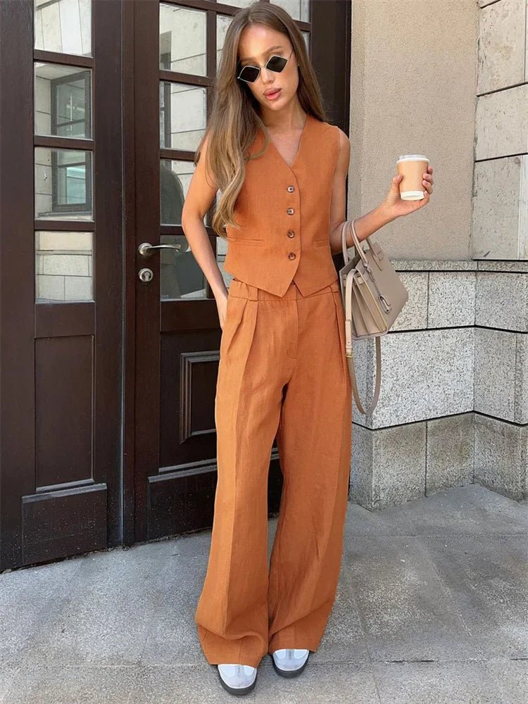 Women's Linen Button-Front Vest Wide-Leg Pants Set