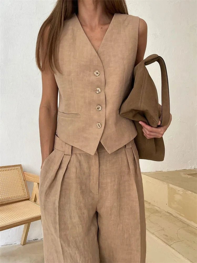 Women's Linen Button-Front Vest Wide-Leg Pants Set
