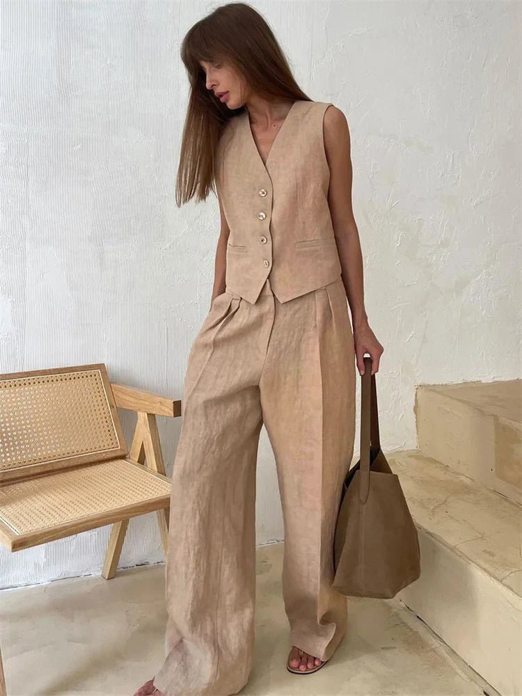 Women's Linen Button-Front Vest Wide-Leg Pants Set