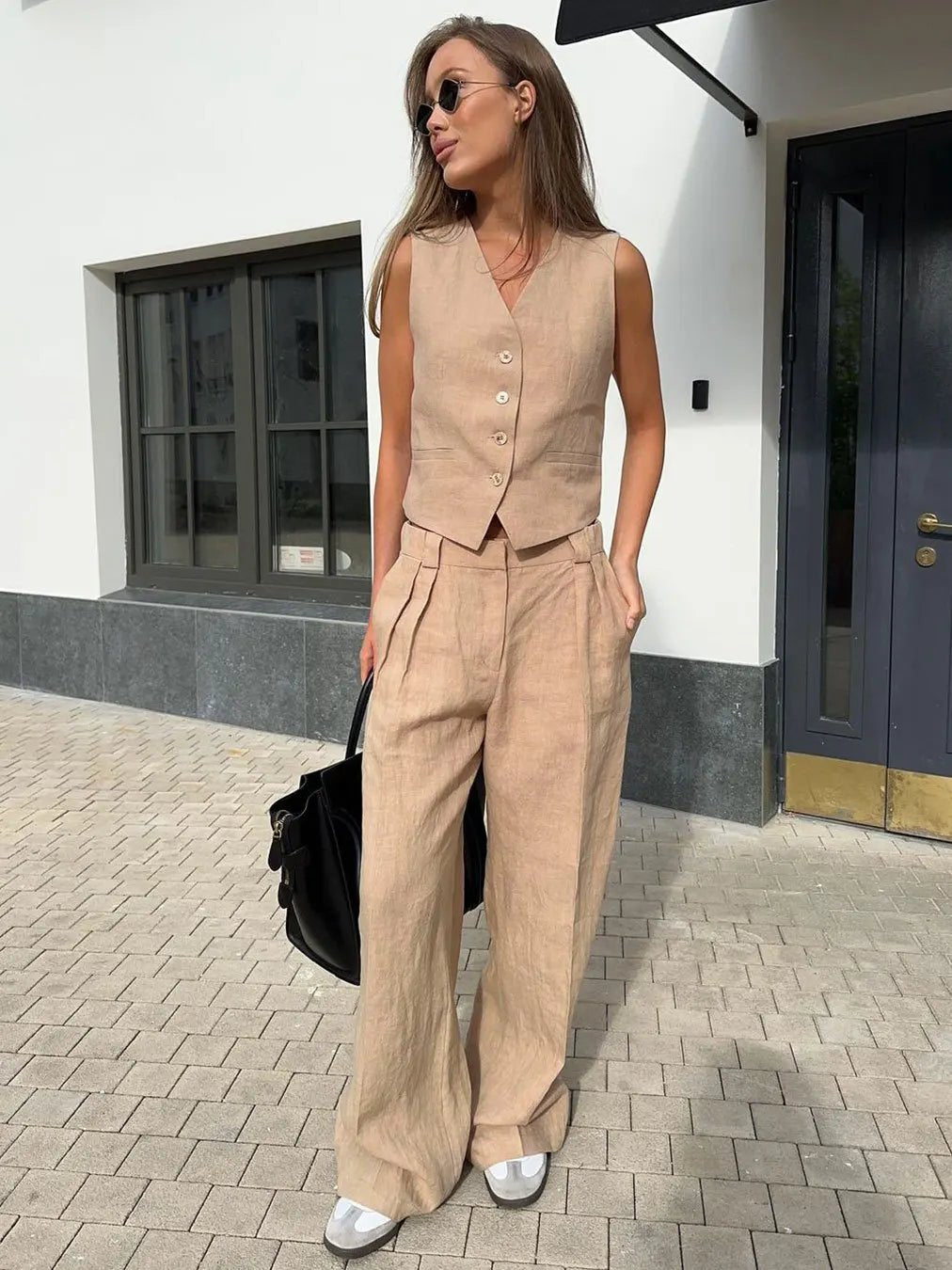 Women's Linen Button-Front Vest Wide-Leg Pants Set