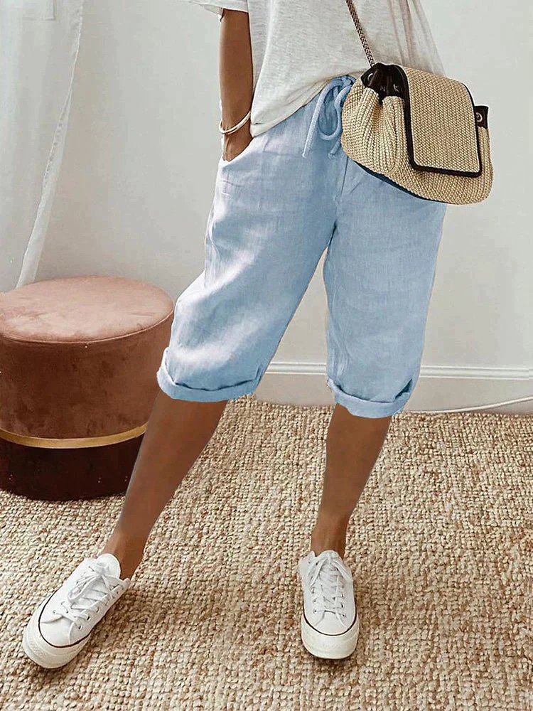 Women's Linen Drawstring Cropped Bermuda Shorts - Light Blue