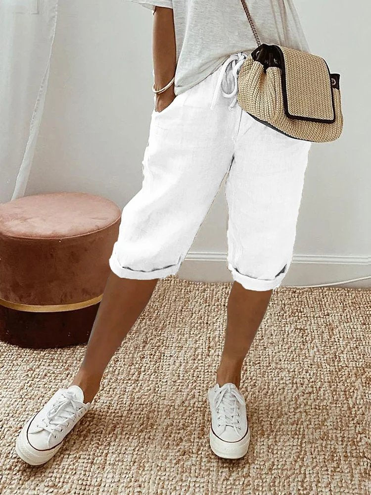 Women's Linen Drawstring Cropped Bermuda Shorts - White