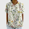 Women's Linen Floral Blouse Short Sleeve Collared Breathable - White
