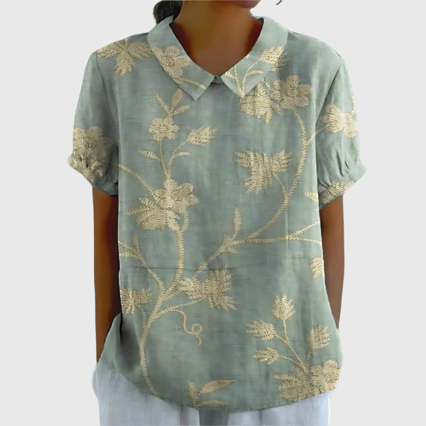 Women's Linen Floral Blouse Short Sleeve Collared Breathable - Sage Green 3