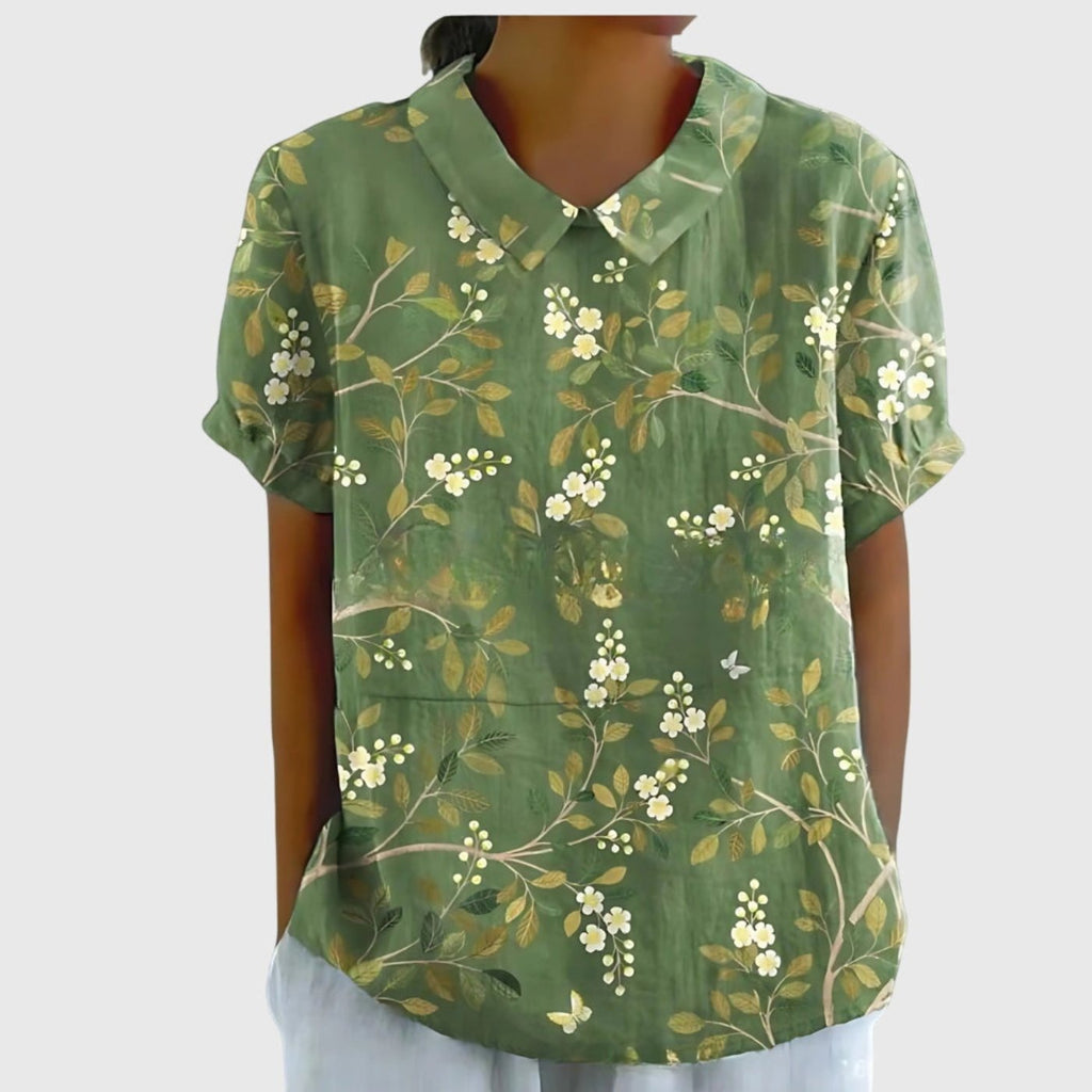 Women's Linen Floral Blouse Short Sleeve Collared Breathable - Green