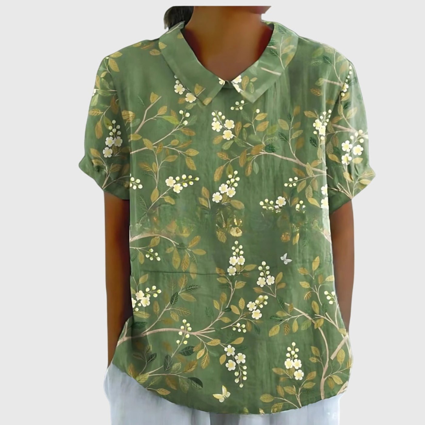 Women's Linen Floral Blouse Short Sleeve Collared Breathable - Green