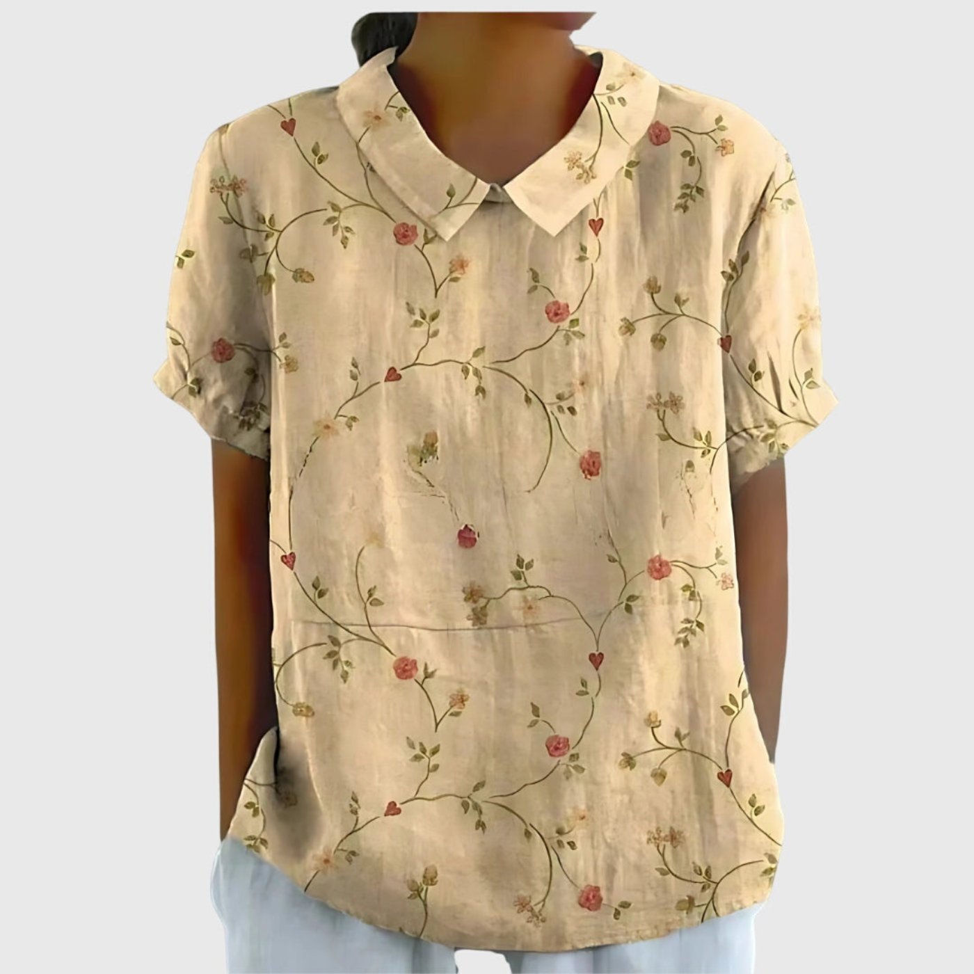 Women's Linen Floral Blouse Short Sleeve Collared Breathable - Light Yellow