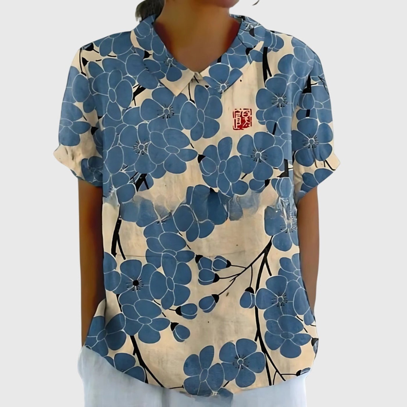 Women's Linen Floral Blouse Short Sleeve Collared Breathable - Dusty Blue