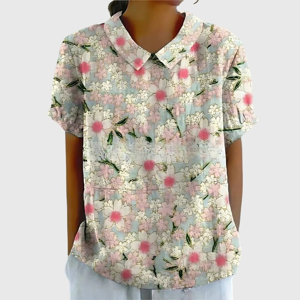 Women's Linen Floral Blouse Short Sleeve Collared Breathable - White 2