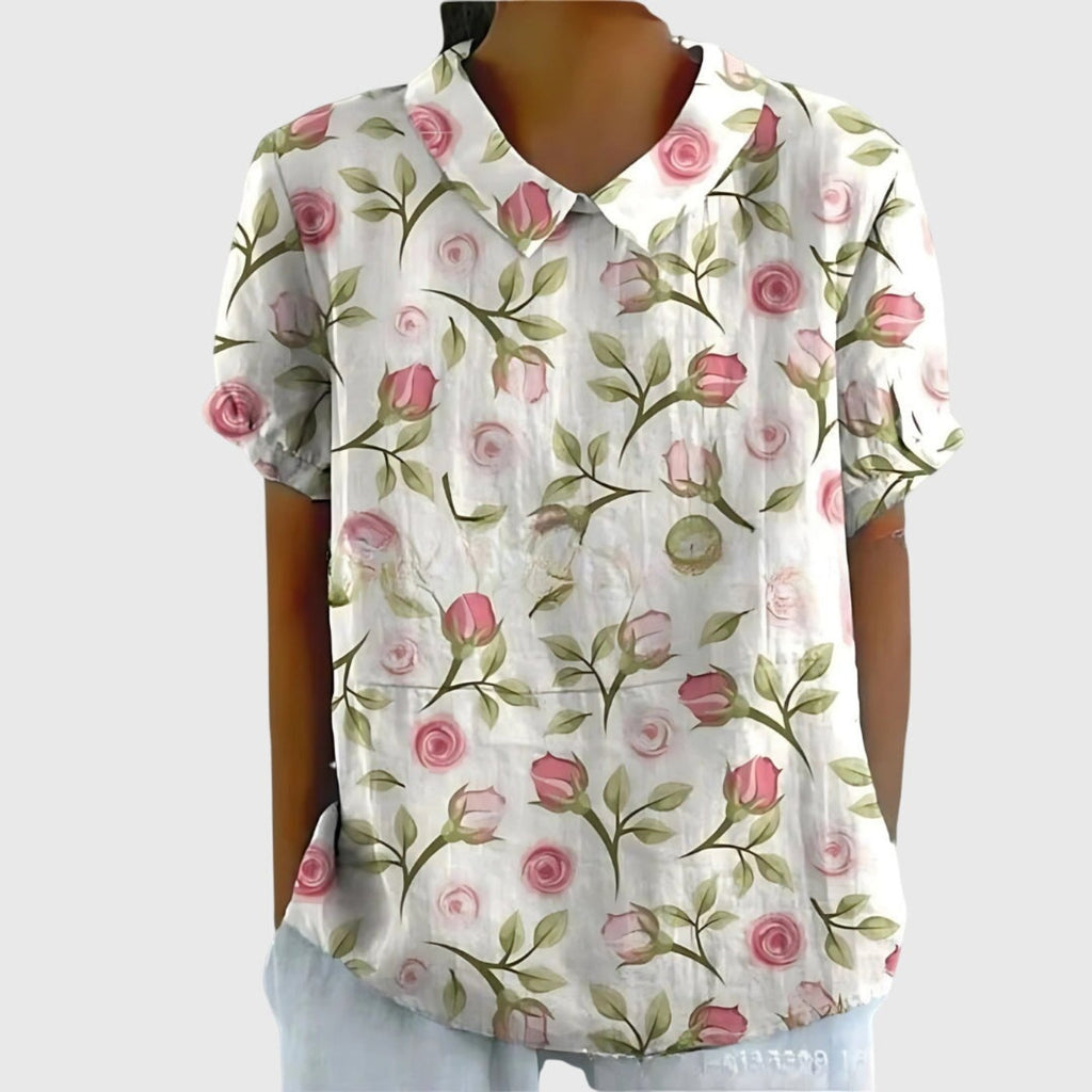 Women's Linen Floral Blouse Short Sleeve Collared Breathable - White 3