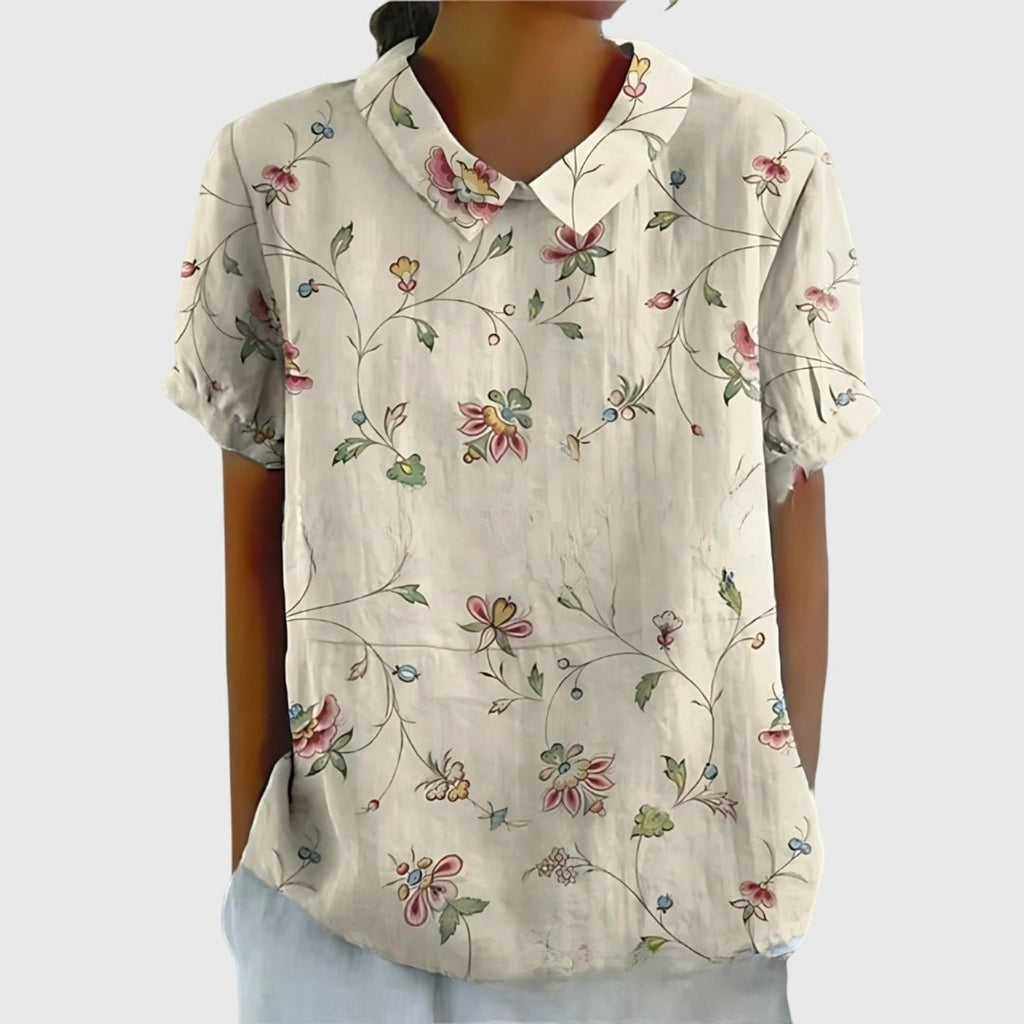 Women's Linen Floral Blouse Short Sleeve Collared Breathable - White 4