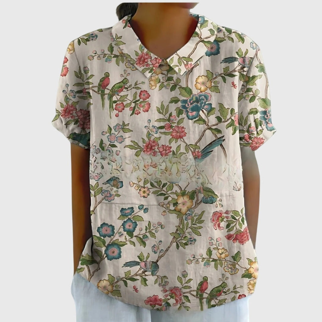 Women's Linen Floral Blouse Short Sleeve Collared Breathable - White 5