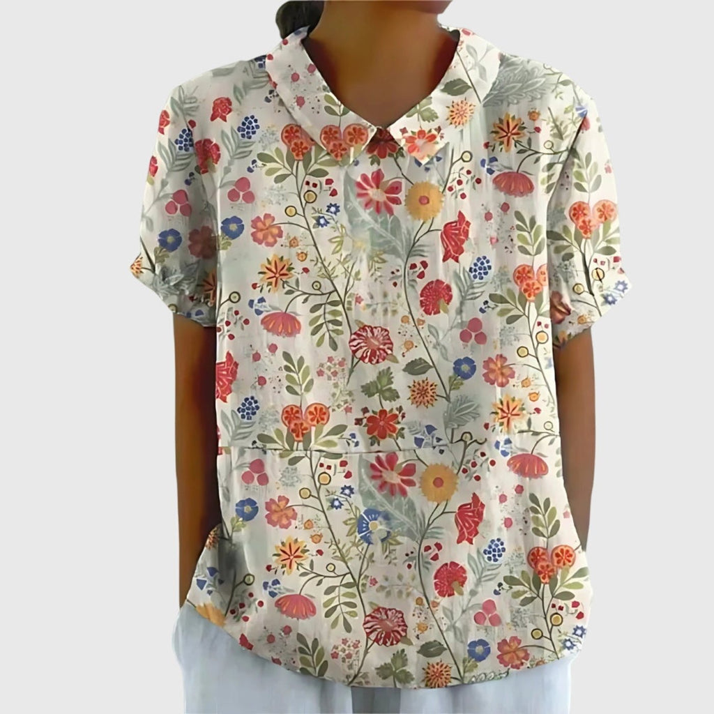 Women's Linen Floral Blouse Short Sleeve Collared Breathable - White 6