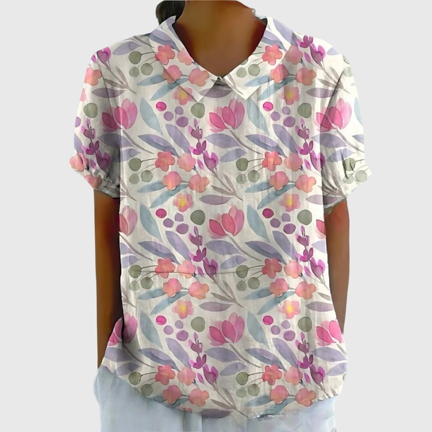 Women's Linen Floral Blouse Short Sleeve Collared Breathable - White 7
