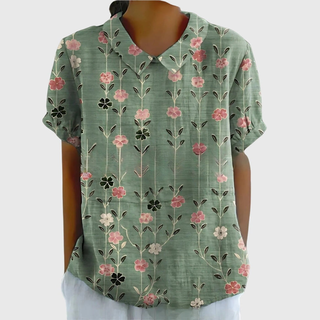 Women's Linen Floral Blouse Short Sleeve Collared Breathable - Sage Green