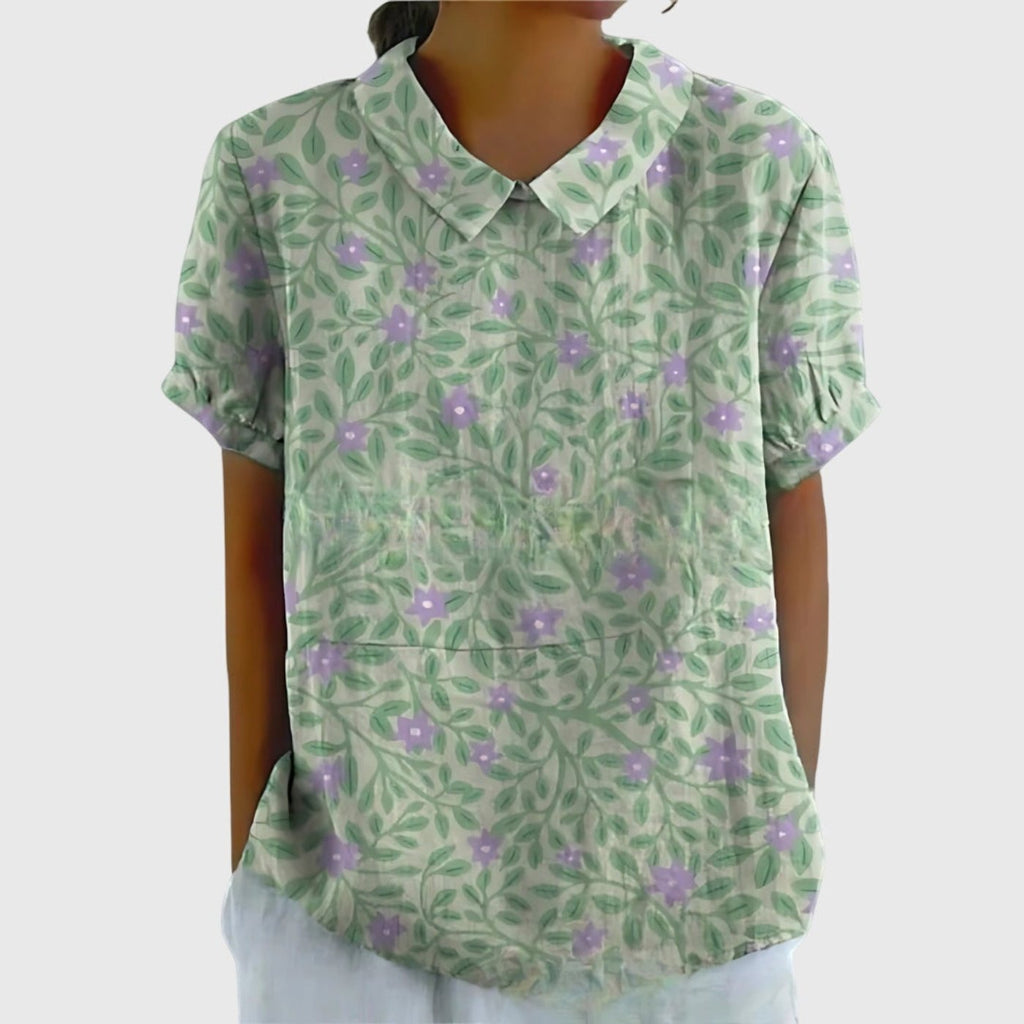 Women's Linen Floral Blouse Short Sleeve Collared Breathable - Sage Green 2