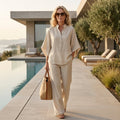 Women's Linen Kimono-Sleeve Top Wide-Leg Pants Two-Piece Set - Sand