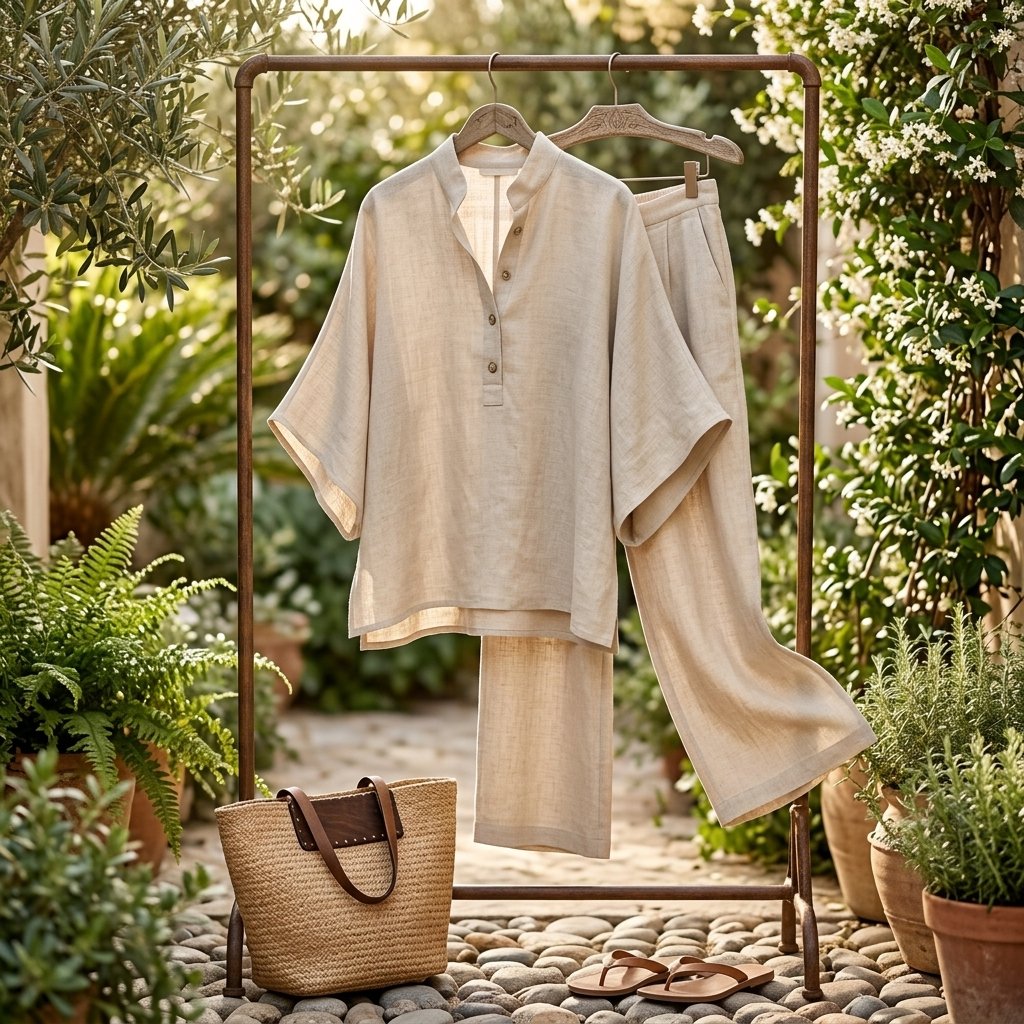 Women's Linen Kimono-Sleeve Top Wide-Leg Pants Two-Piece Set