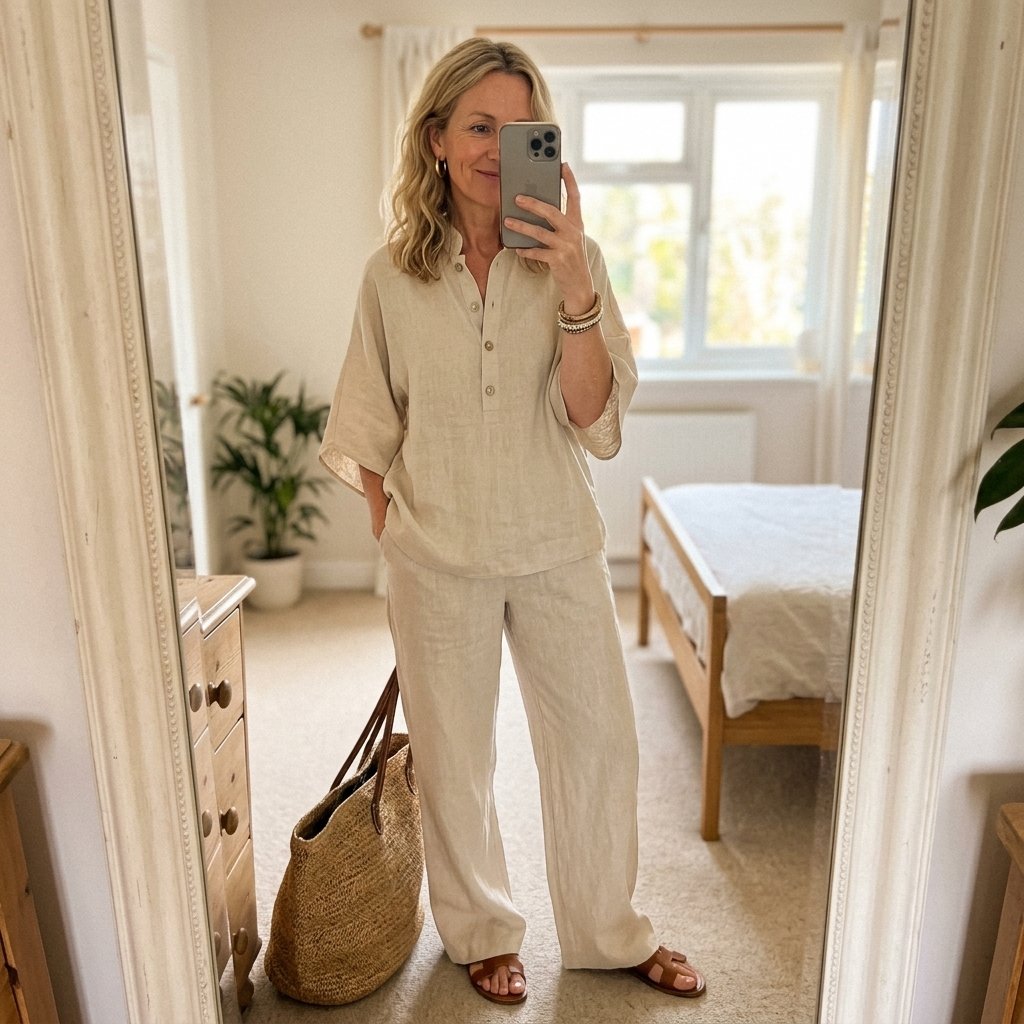 Women's Linen Kimono-Sleeve Top Wide-Leg Pants Two-Piece Set