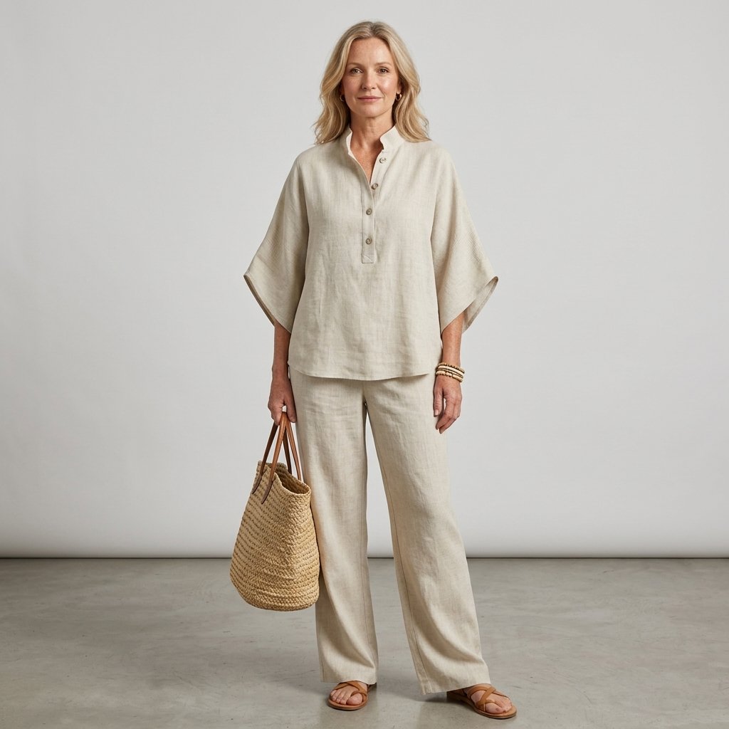 Women's Linen Kimono-Sleeve Top Wide-Leg Pants Two-Piece Set