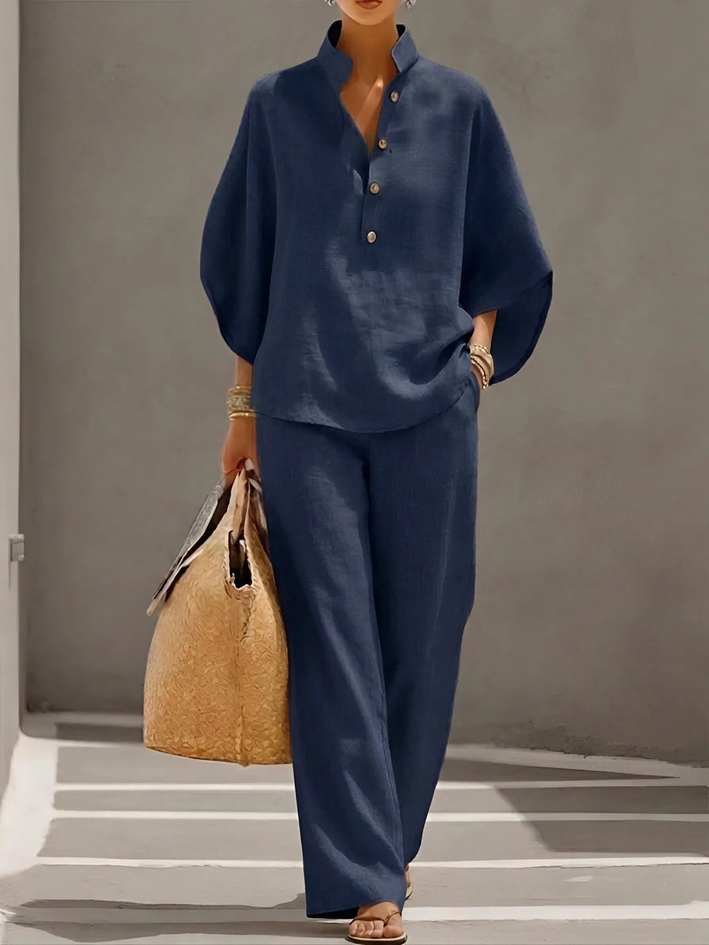 Women's Linen Kimono-Sleeve Top Wide-Leg Pants Two-Piece Set - Navy