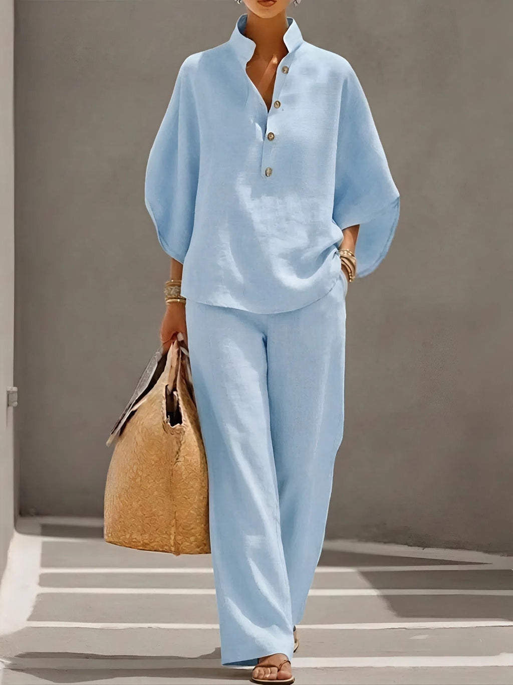 Women's Linen Kimono-Sleeve Top Wide-Leg Pants Two-Piece Set - Light BLue