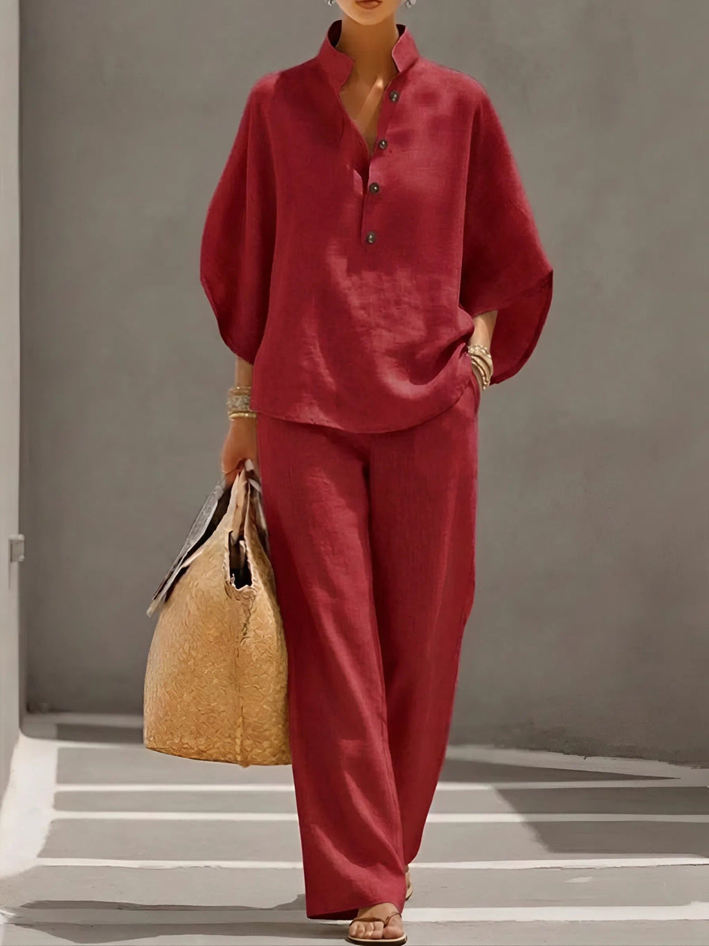 Women's Linen Kimono-Sleeve Top Wide-Leg Pants Two-Piece Set - Red