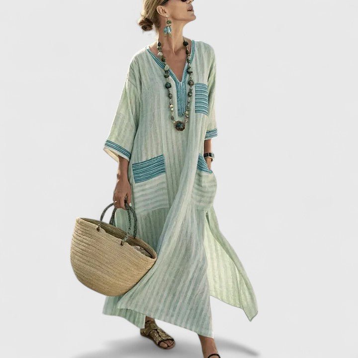 Women's Linen Maxi Dress V-Neck Striped 3/4 Sleeve Pockets - Blackish Green