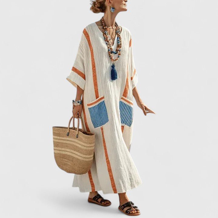 Women's Linen Maxi Dress V-Neck Striped 3/4 Sleeve Pockets - Orange Blue