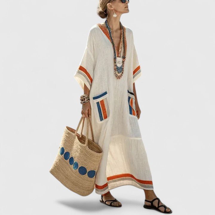 Women's Linen Maxi Dress V-Neck Striped 3/4 Sleeve Pockets - Cream