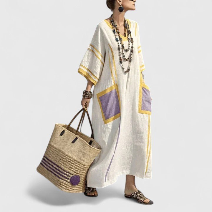 Women's Linen Maxi Dress V-Neck Striped 3/4 Sleeve Pockets - Yellow Purple