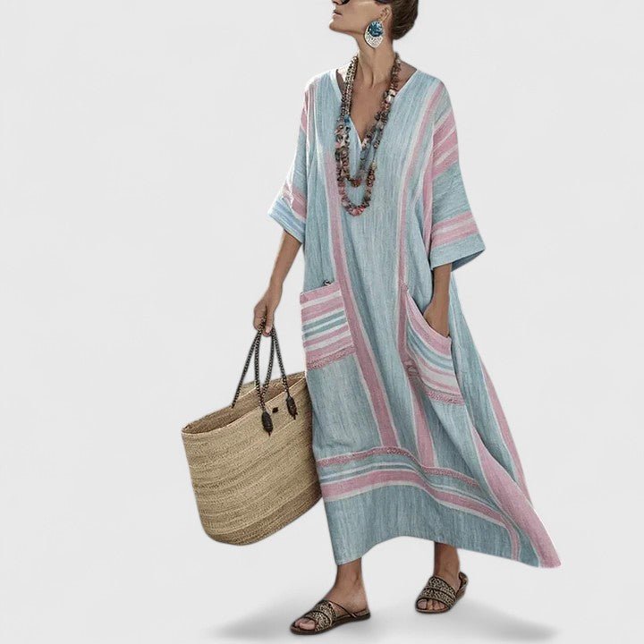 Women's Linen Maxi Dress V-Neck Striped 3/4 Sleeve Pockets - Pink Green