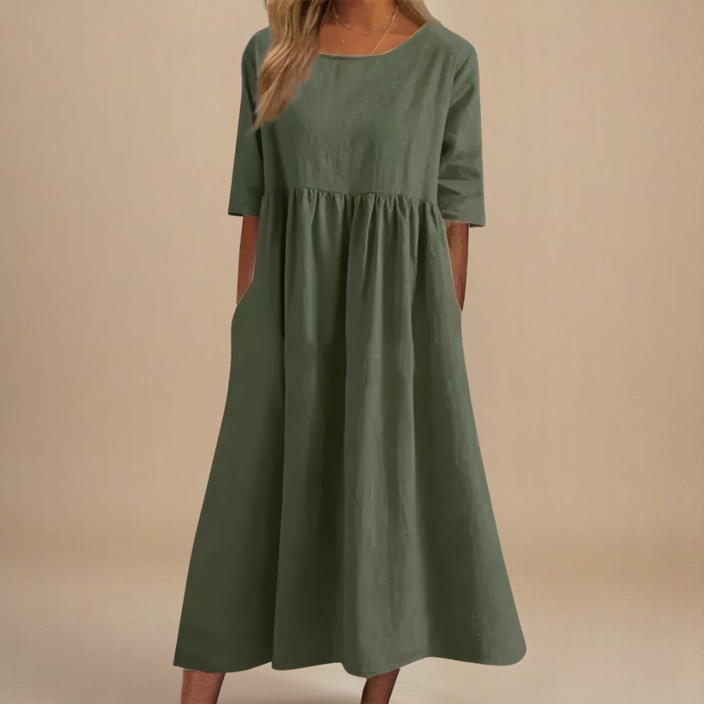 Women's Linen Midi Dress Half Sleeve Empire Waist Pockets - Army Green
