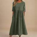 Women's Linen Midi Dress Half Sleeve Empire Waist Pockets - Army Green