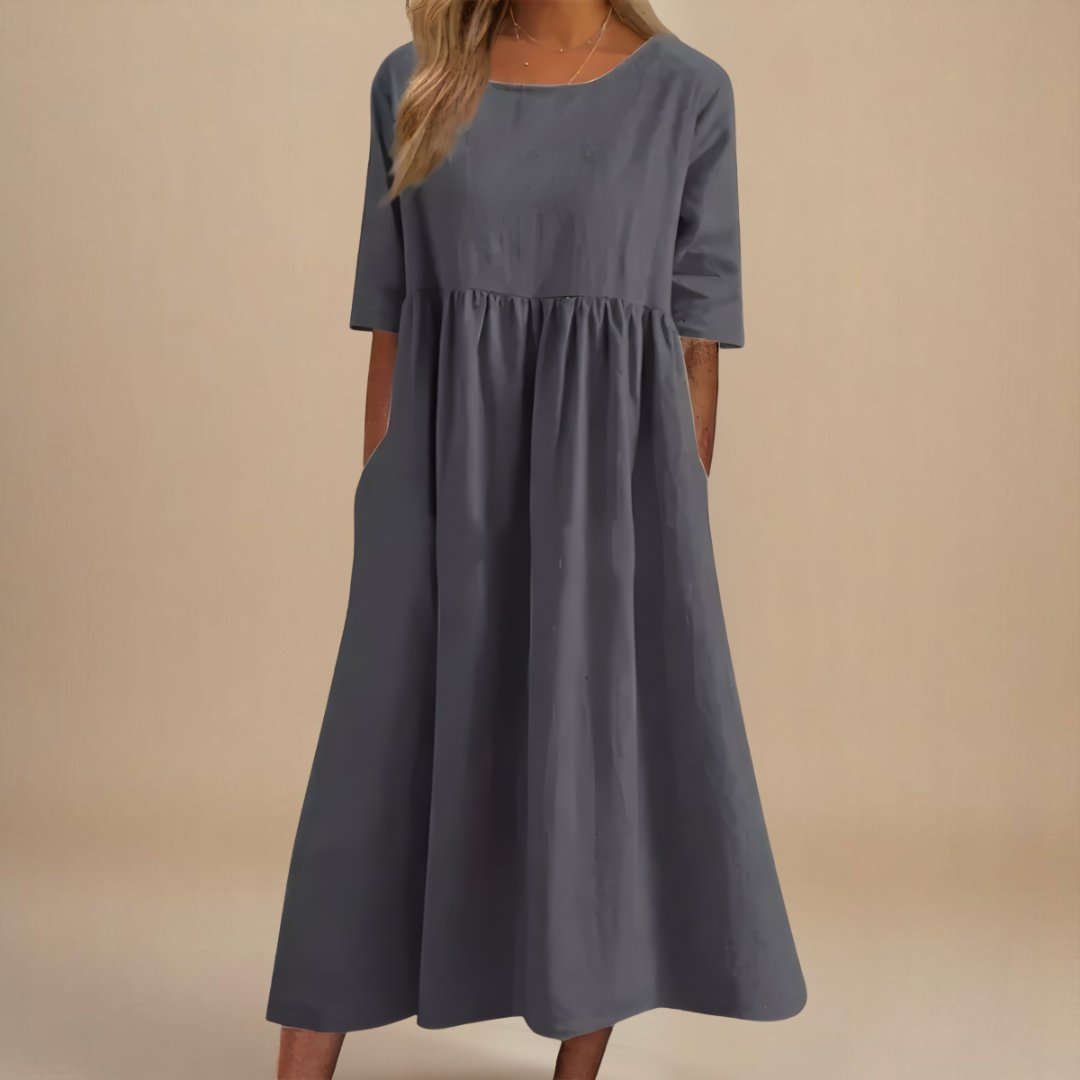Women's Linen Midi Dress Half Sleeve Empire Waist Pockets - Gray