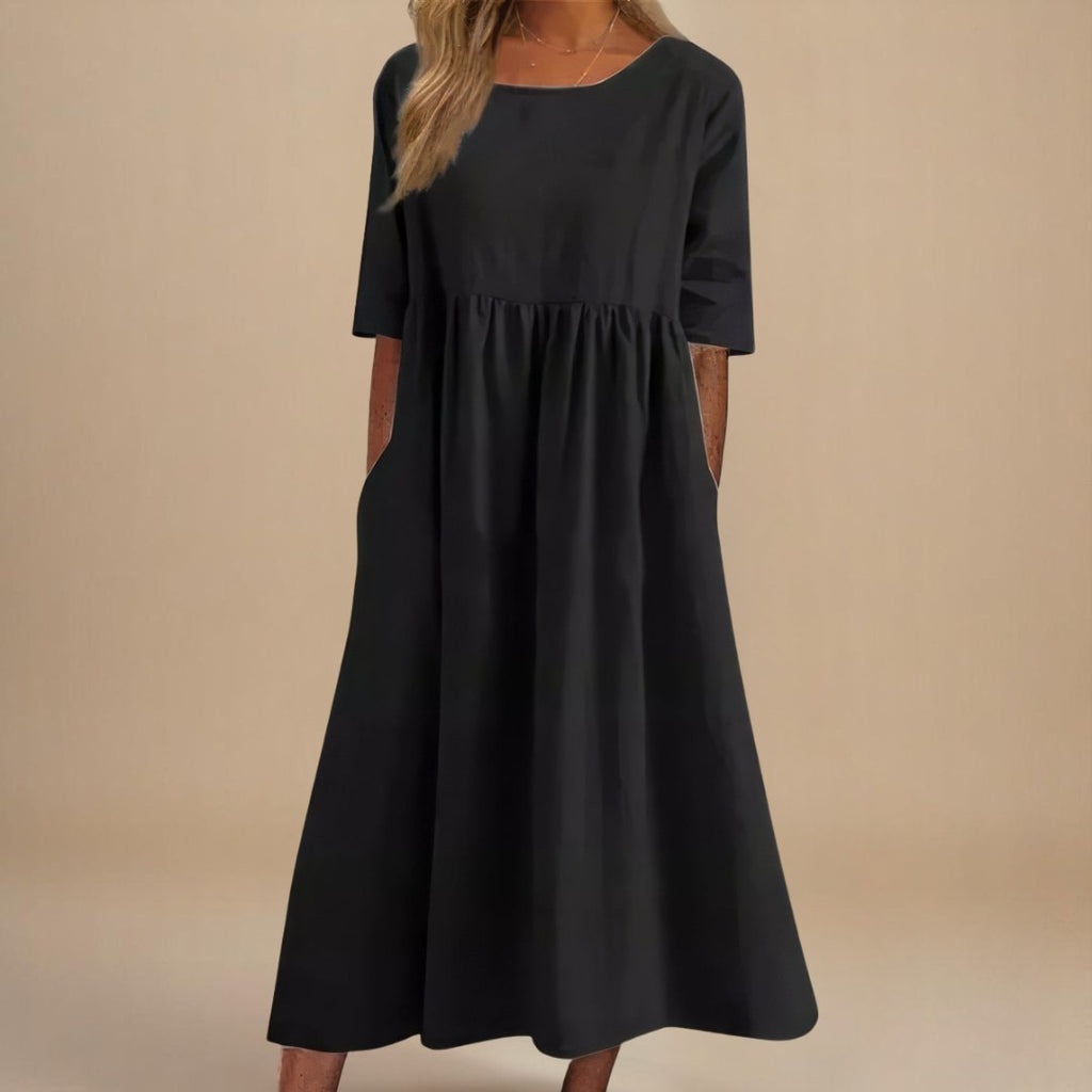 Women's Linen Midi Dress Half Sleeve Empire Waist Pockets - Black