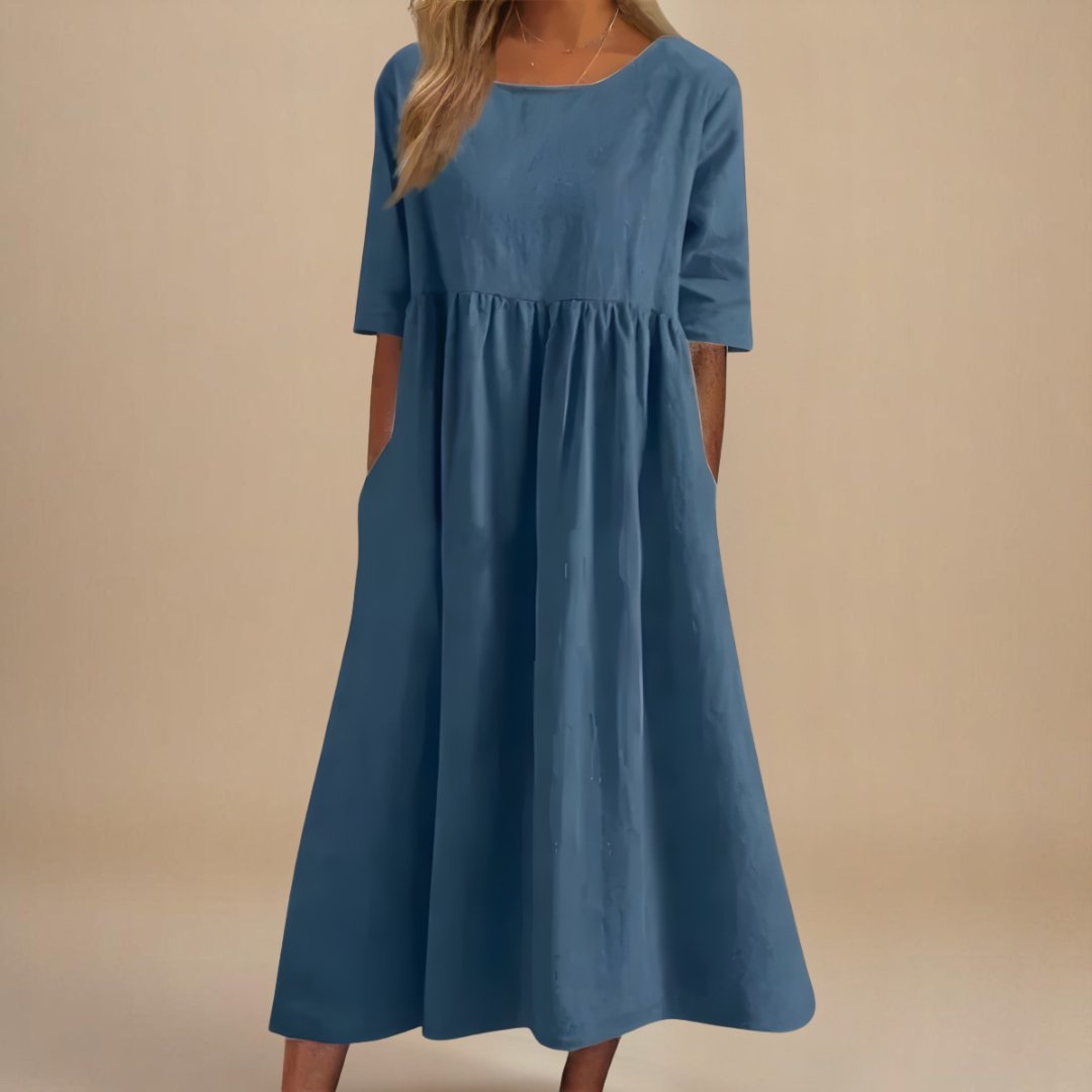 Women's Linen Midi Dress Half Sleeve Empire Waist Pockets - Slate Blue