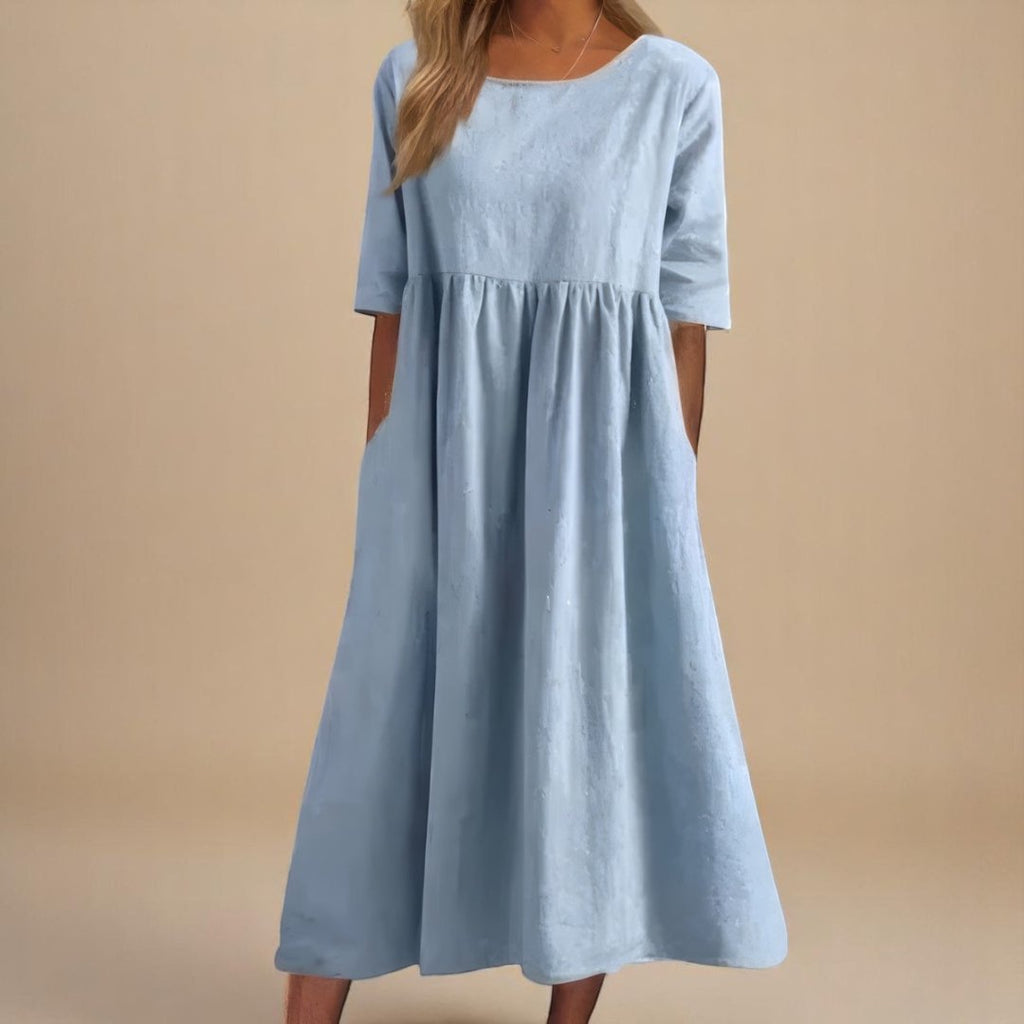 Women's Linen Midi Dress Half Sleeve Empire Waist Pockets - Light Blue
