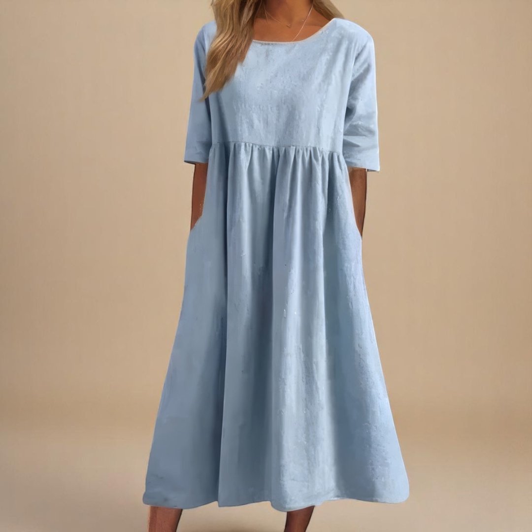 Women's Linen Midi Dress Half Sleeve Empire Waist Pockets - Light Blue