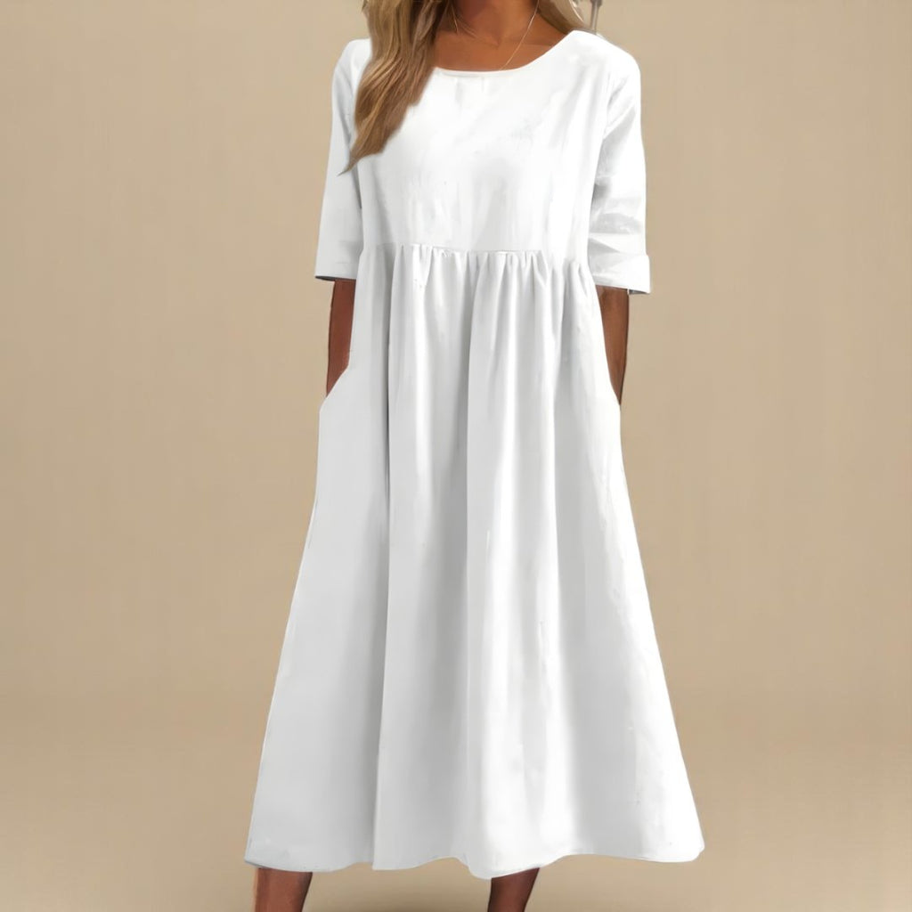 Women's Linen Midi Dress Half Sleeve Empire Waist Pockets - White