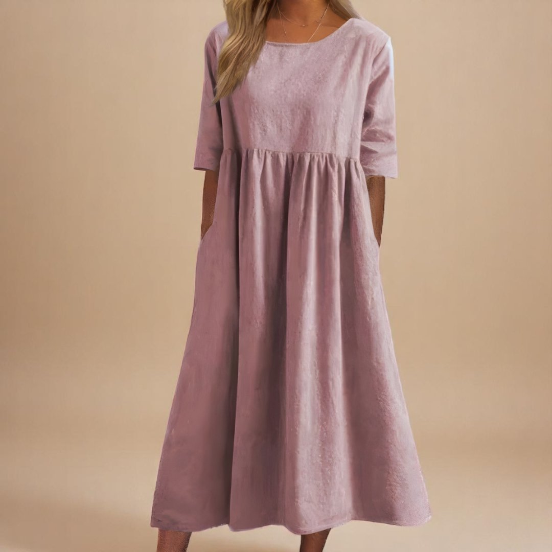 Women's Linen Midi Dress Half Sleeve Empire Waist Pockets - Dusty Pink