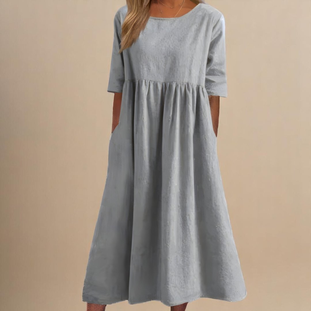 Women's Linen Midi Dress Half Sleeve Empire Waist Pockets - Light Gray